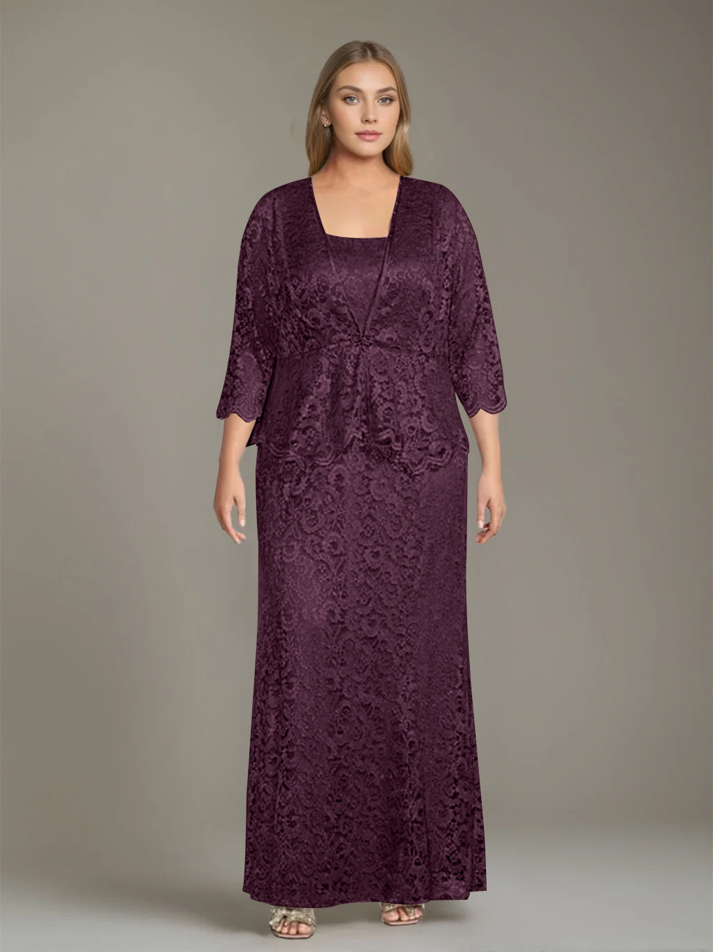 Plus Size 2 Piece Mother of the Bride Dress Set with Square Neck and Long Sheath