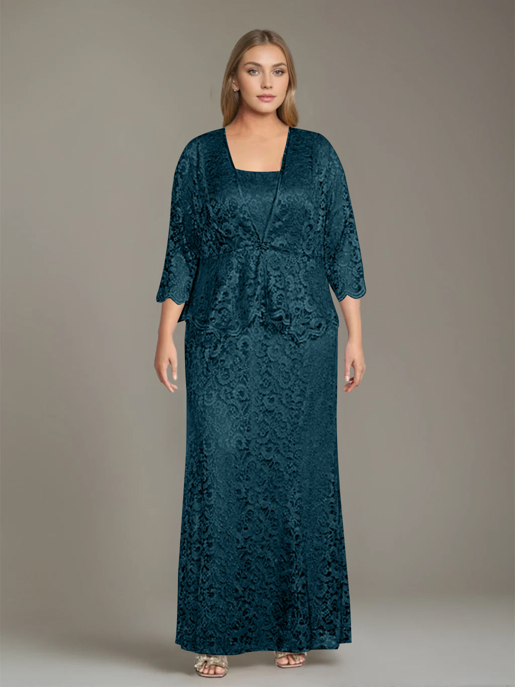 Plus Size 2 Piece Mother of the Bride Dress Set with Square Neck and Long Sheath
