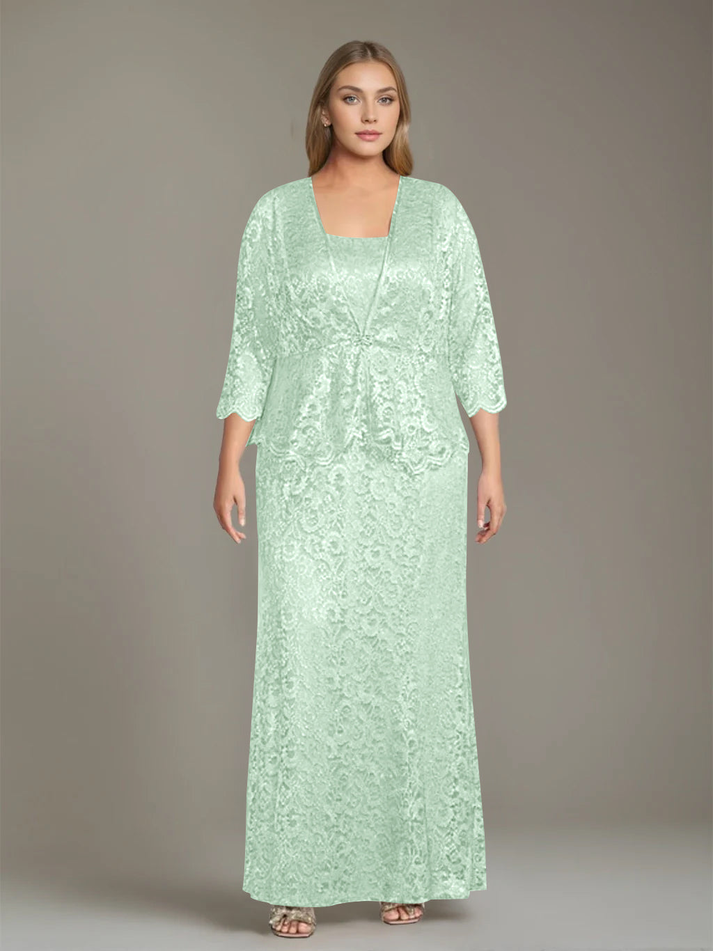 Plus Size 2 Piece Mother of the Bride Dress Set with Square Neck and Long Sheath