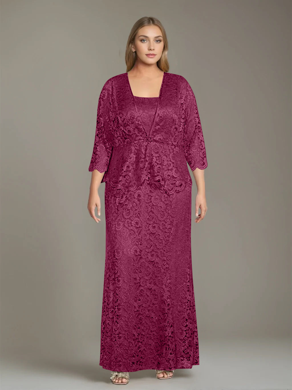 Plus Size 2 Piece Mother of the Bride Dress Set with Square Neck and Long Sheath