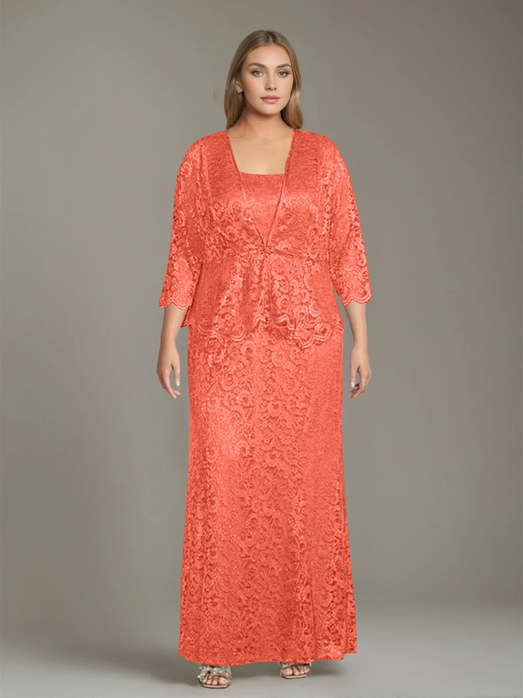 Plus Size 2 Piece Mother of the Bride Dress Set with Square Neck and Long Sheath