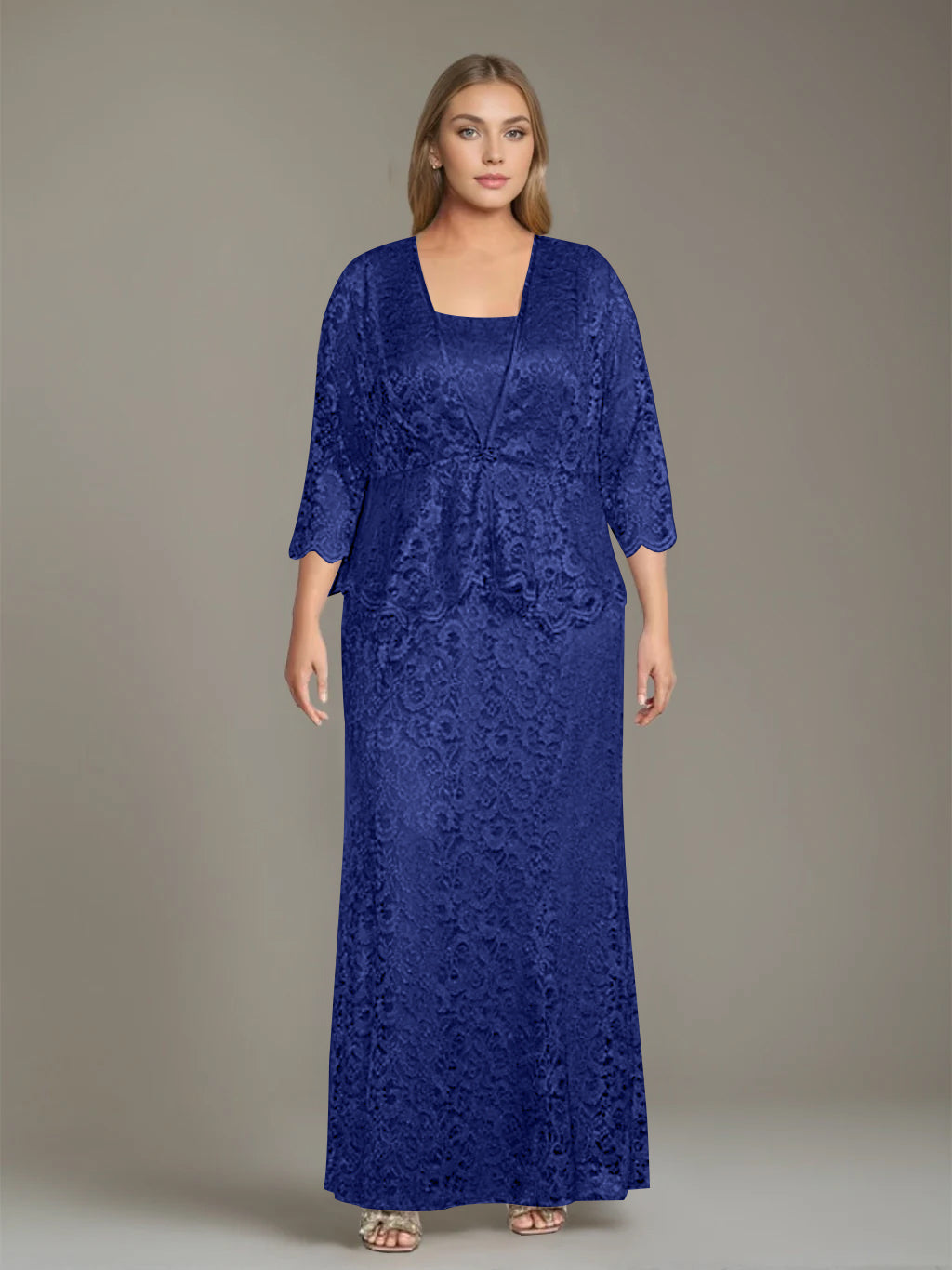 Plus Size 2 Piece Mother of the Bride Dress Set with Square Neck and Long Sheath
