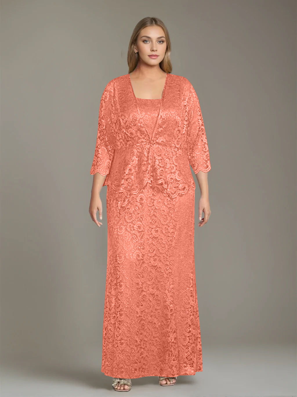Plus Size 2 Piece Mother of the Bride Dress Set with Square Neck and Long Sheath