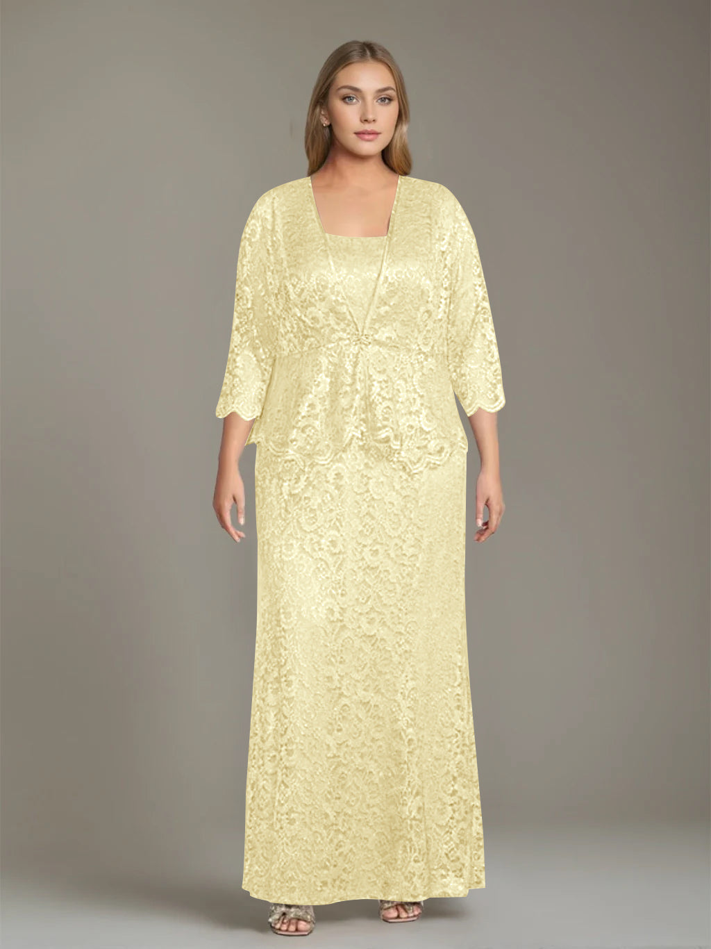 Plus Size 2 Piece Mother of the Bride Dress Set with Square Neck and Long Sheath