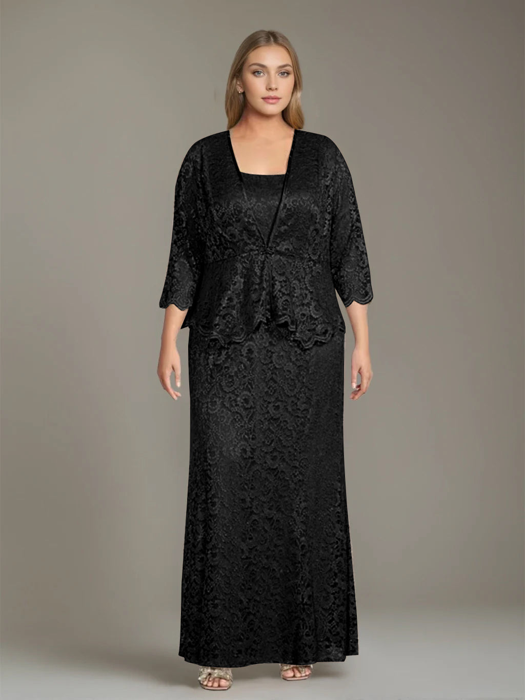 Plus Size 2 Piece Mother of the Bride Dress Set with Square Neck and Long Sheath