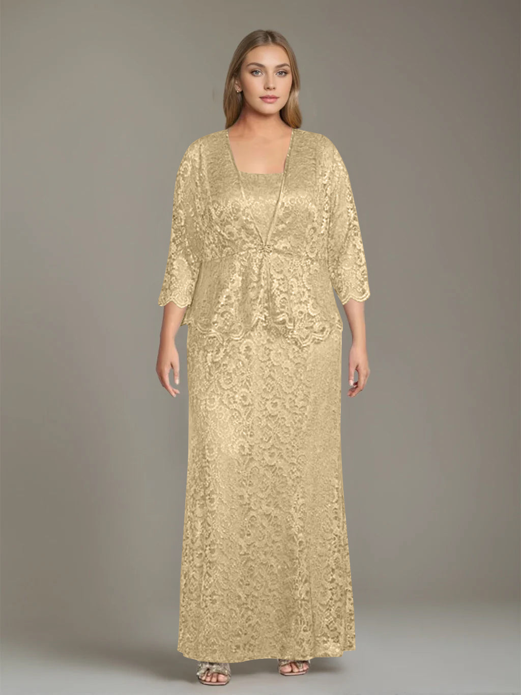 Plus Size 2 Piece Mother of the Bride Dress Set with Square Neck and Long Sheath