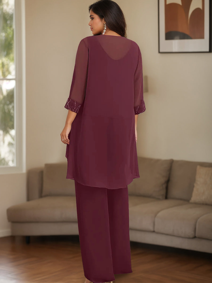 Plus Size 3 Piece Chiffon Pantsuit with Beaded Jacket Lace and Sequins for the Mother of the Bride