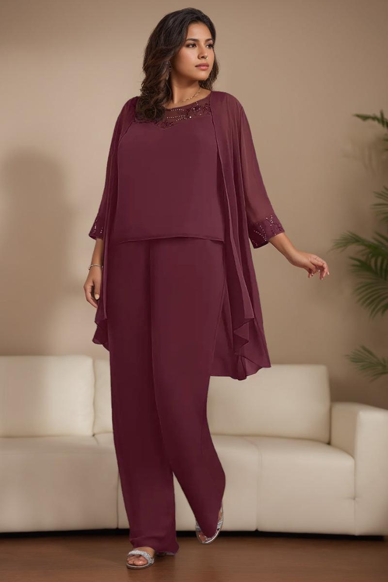 Plus Size 3 Piece Chiffon Pantsuit with Beaded Jacket Lace and Sequins for the Mother of the Bride