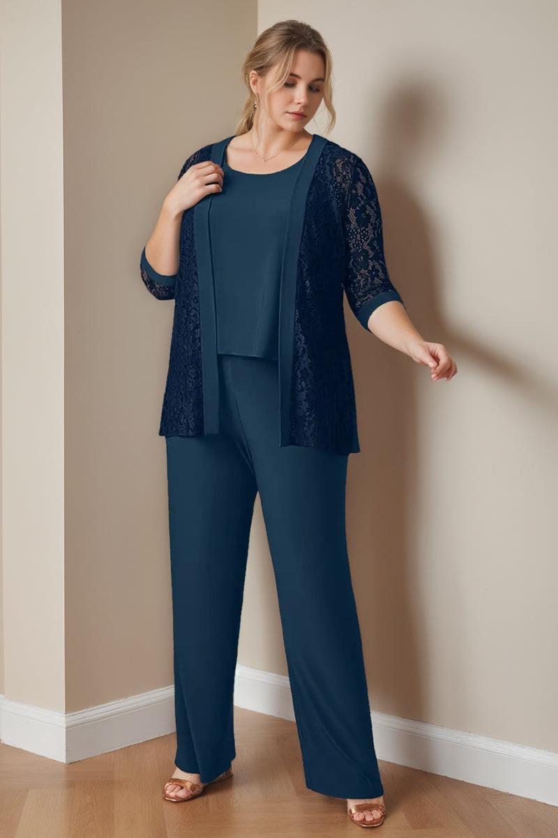 Plus Size 3 Piece Chiffon Pantsuit with Scoop Neck 3/4 Sleeves and Long Jacket Featuring Pockets