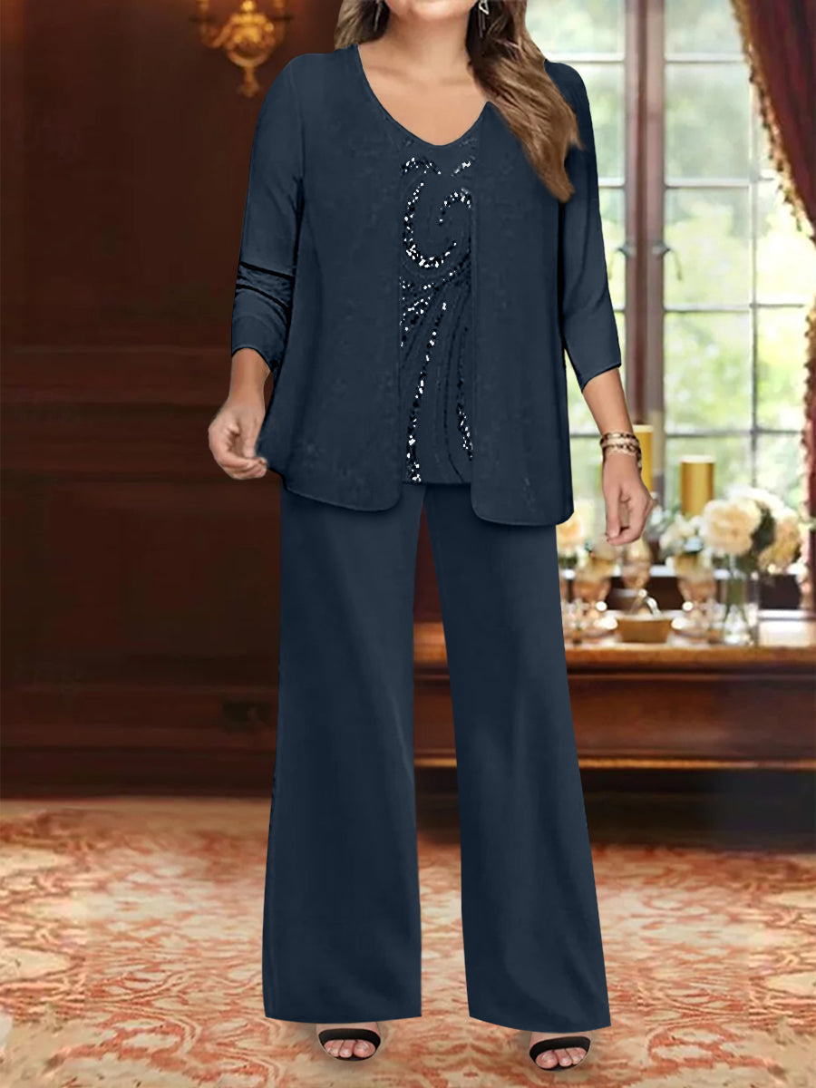 Plus Size 3 Piece Mother of the Bride Chiffon Pantsuit with V Neck Long Jacket & Sequins