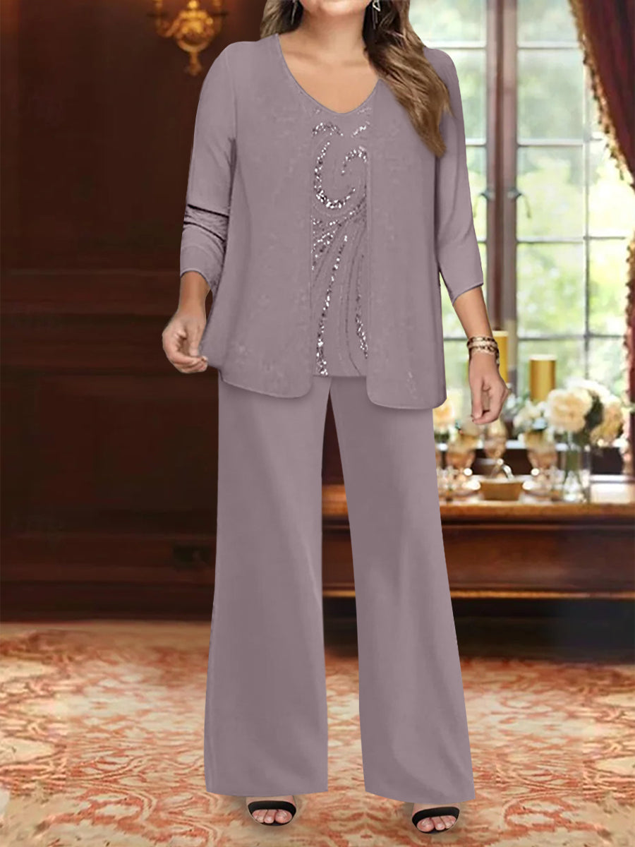 Plus Size 3 Piece Mother of the Bride Chiffon Pantsuit with V Neck Long Jacket & Sequins