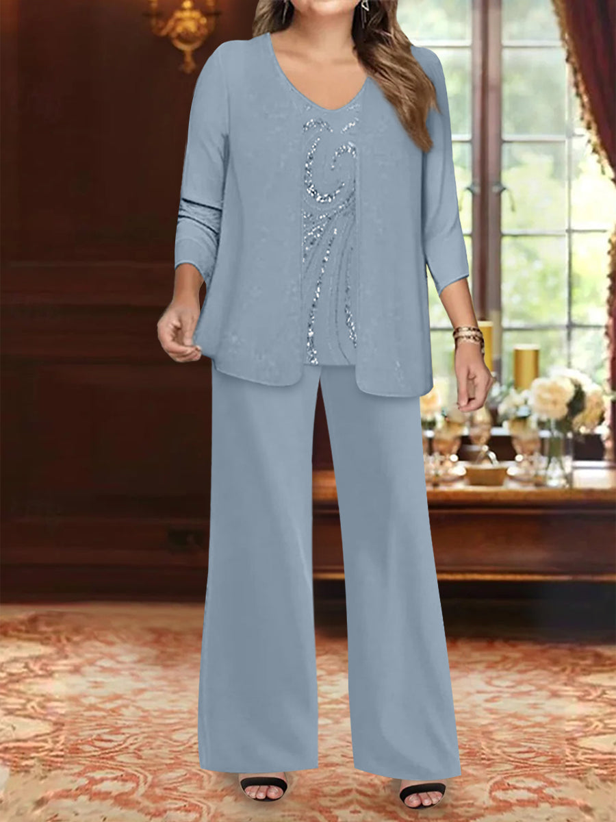 Plus Size 3 Piece Mother of the Bride Chiffon Pantsuit with V Neck Long Jacket & Sequins