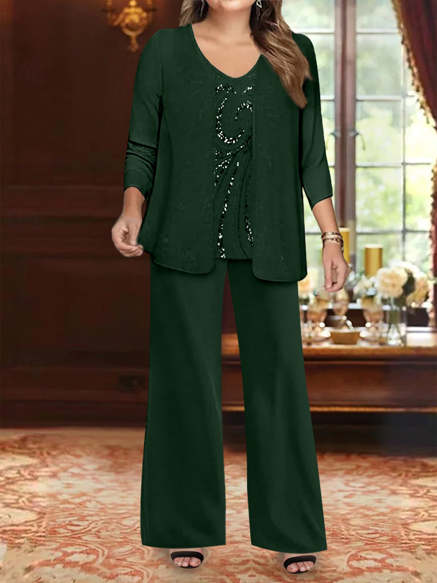Plus Size 3 Piece Mother of the Bride Chiffon Pantsuit with V Neck Long Jacket & Sequins