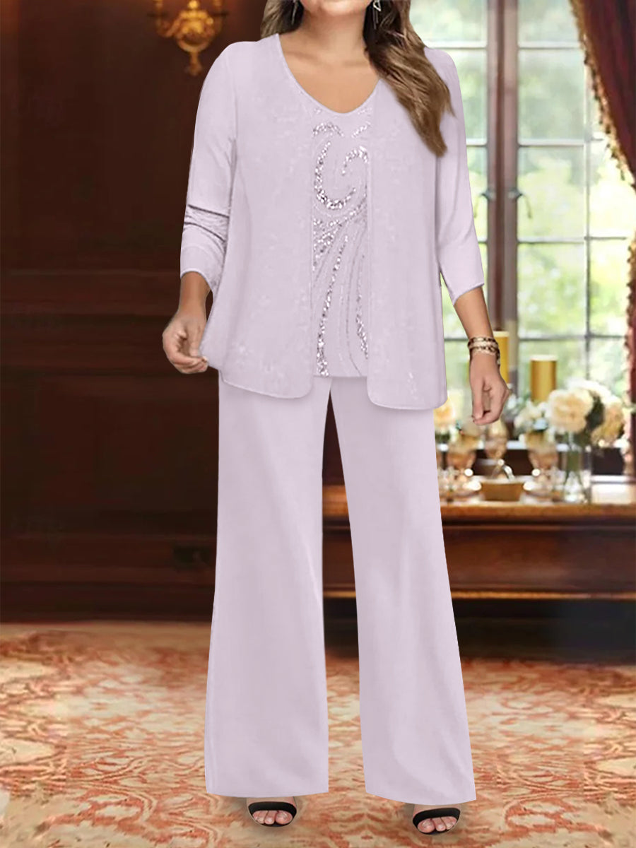 Plus Size 3 Piece Mother of the Bride Chiffon Pantsuit with V Neck Long Jacket & Sequins