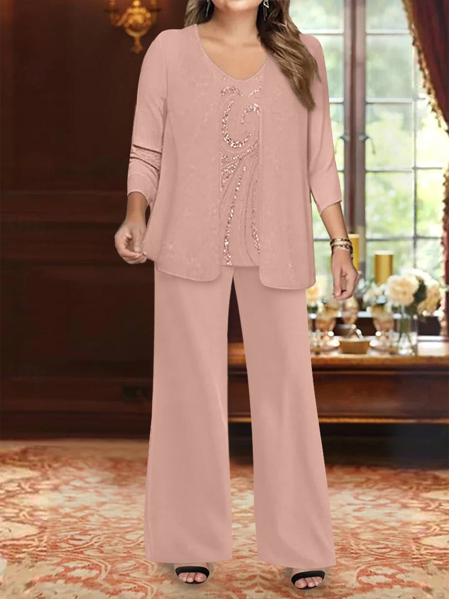 Plus Size 3 Piece Mother of the Bride Chiffon Pantsuit with V Neck Long Jacket & Sequins