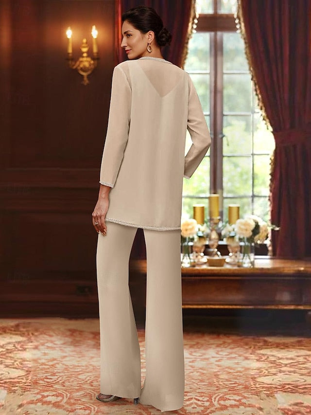Plus Size 3 Piece Mother of the Bride Chiffon Pantsuit with V Neck Long Jacket & Sequins