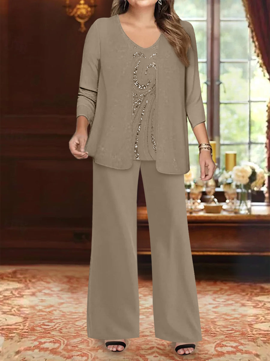 Plus Size 3 Piece Mother of the Bride Chiffon Pantsuit with V Neck Long Jacket & Sequins