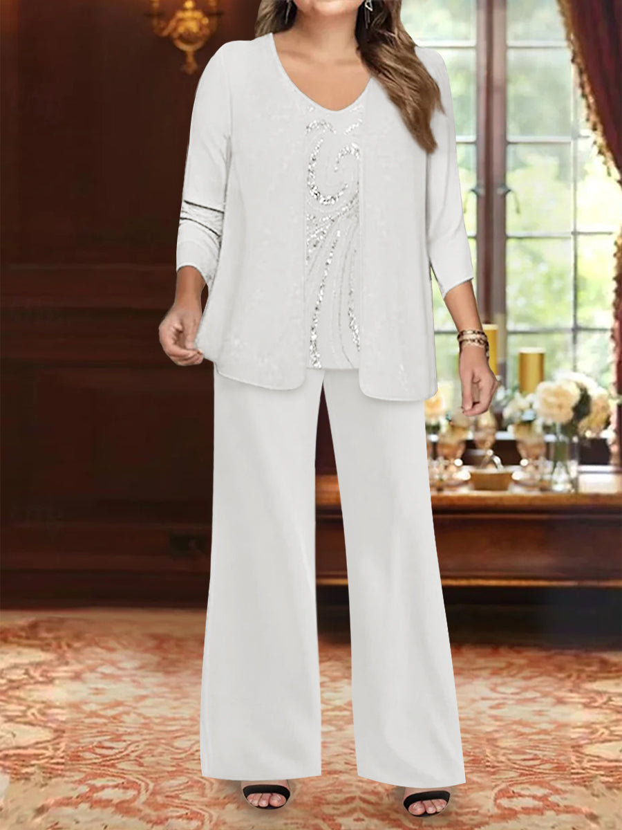 Plus Size 3 Piece Mother of the Bride Chiffon Pantsuit with V Neck Long Jacket & Sequins