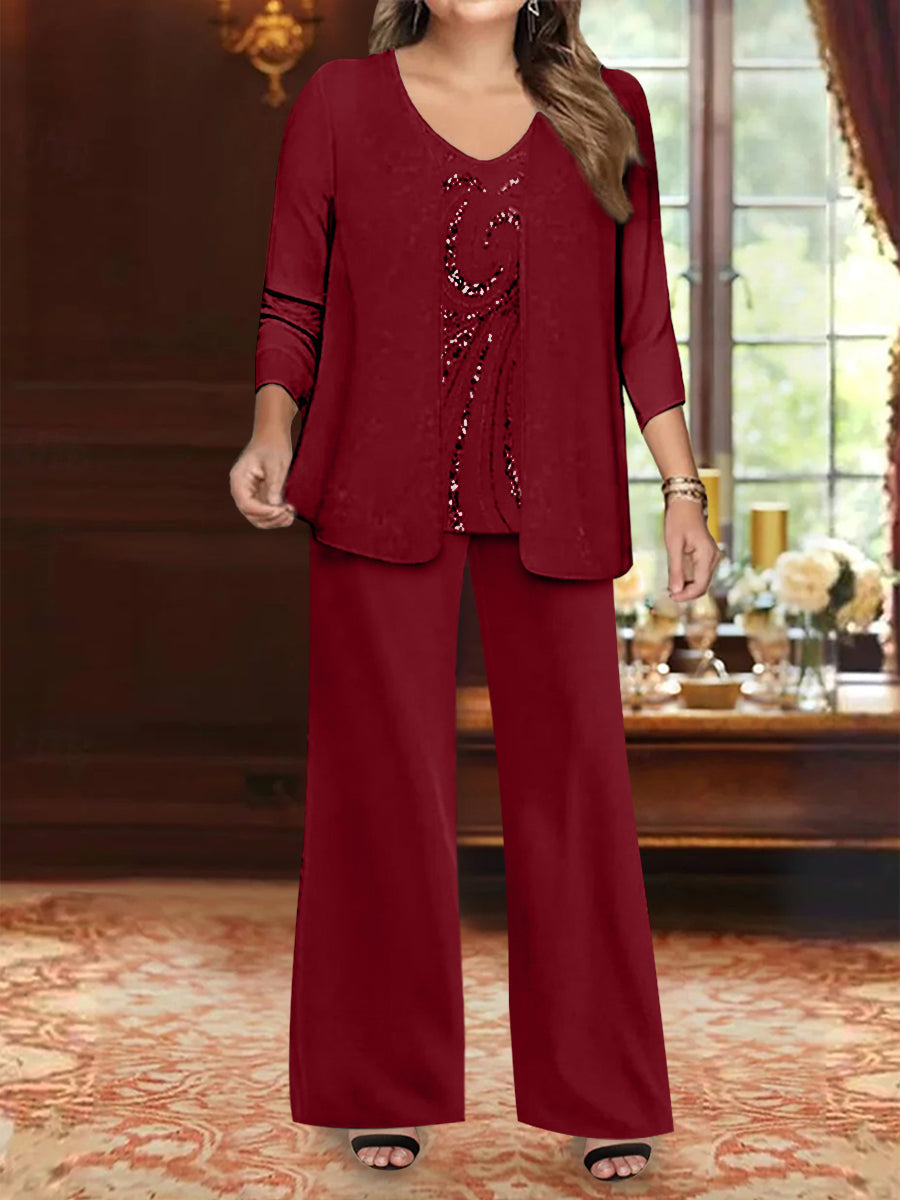 Plus Size 3 Piece Mother of the Bride Chiffon Pantsuit with V Neck Long Jacket & Sequins