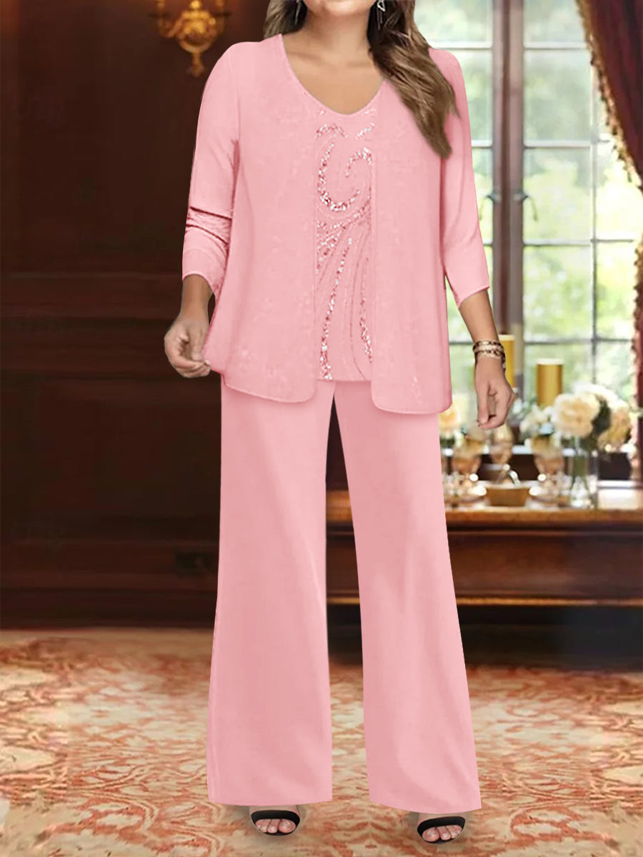 Plus Size 3 Piece Mother of the Bride Chiffon Pantsuit with V Neck Long Jacket & Sequins