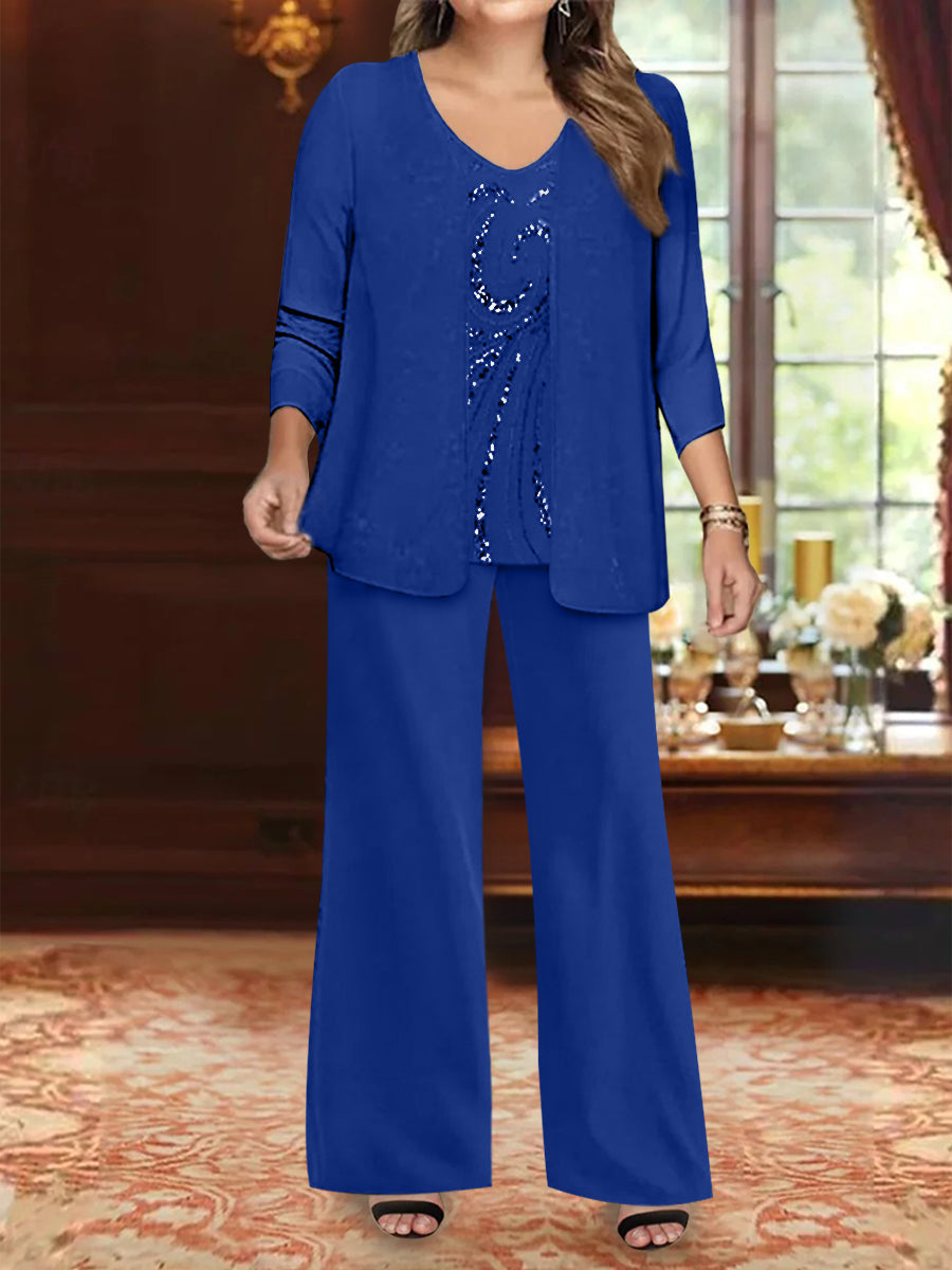 Plus Size 3 Piece Mother of the Bride Chiffon Pantsuit with V Neck Long Jacket & Sequins