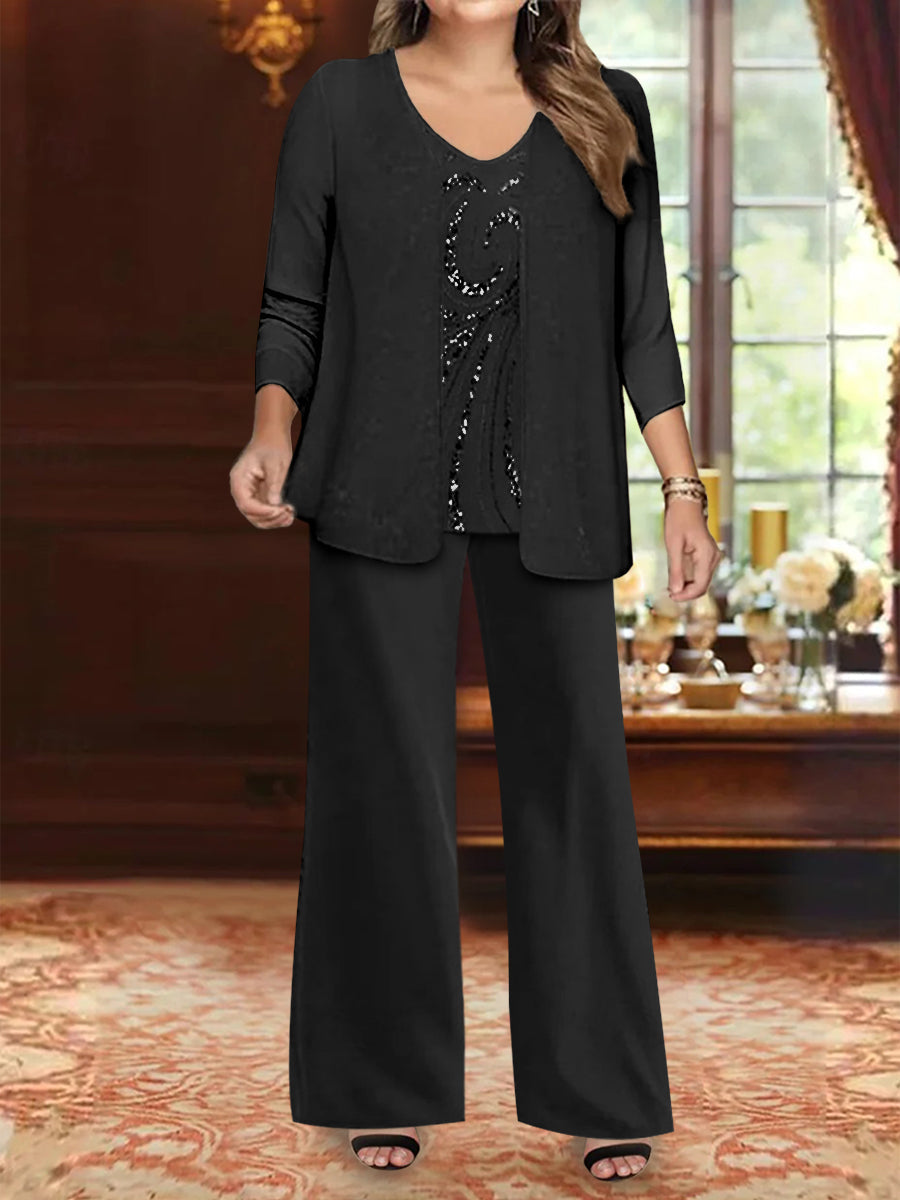Plus Size 3 Piece Mother of the Bride Chiffon Pantsuit with V Neck Long Jacket & Sequins