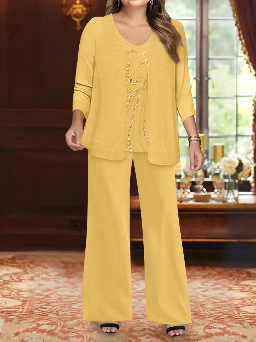 Plus Size 3 Piece Mother of the Bride Chiffon Pantsuit with V Neck Long Jacket & Sequins