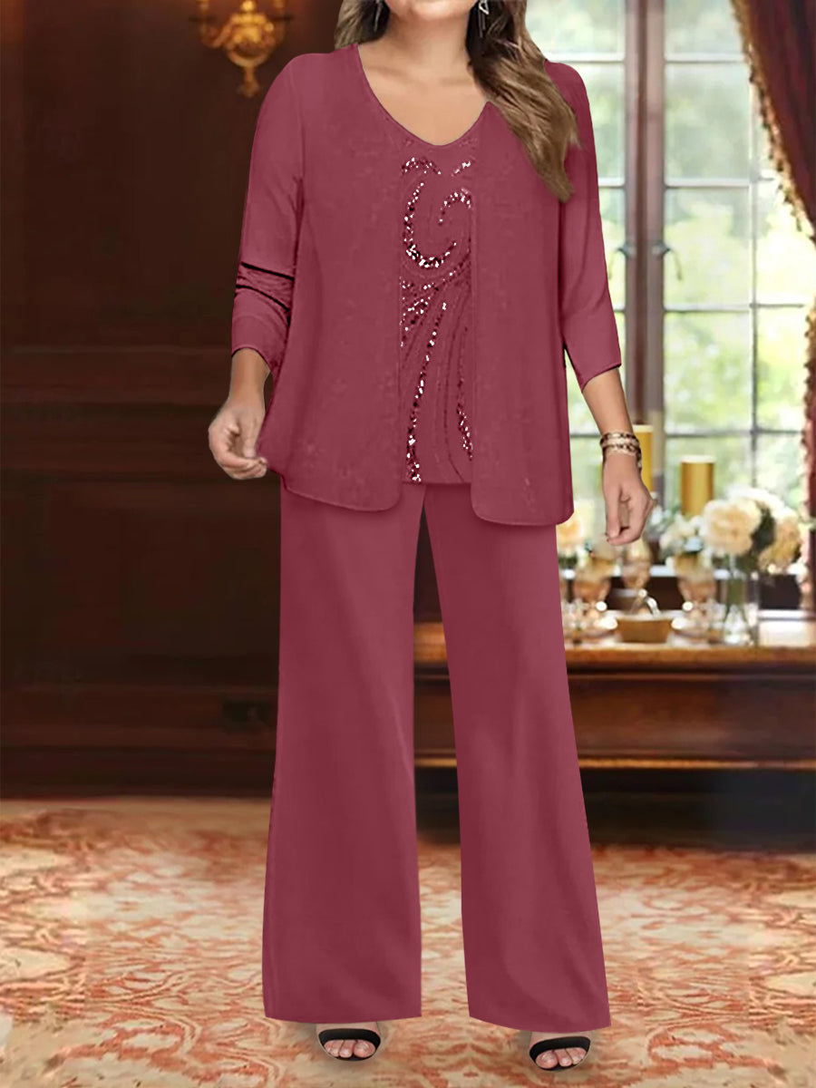 Plus Size 3 Piece Mother of the Bride Chiffon Pantsuit with V Neck Long Jacket & Sequins