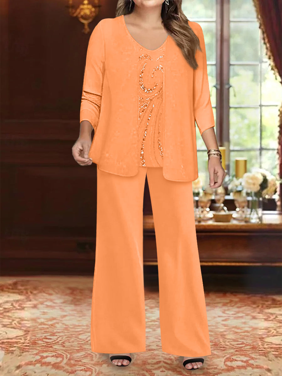 Plus Size 3 Piece Mother of the Bride Chiffon Pantsuit with V Neck Long Jacket & Sequins