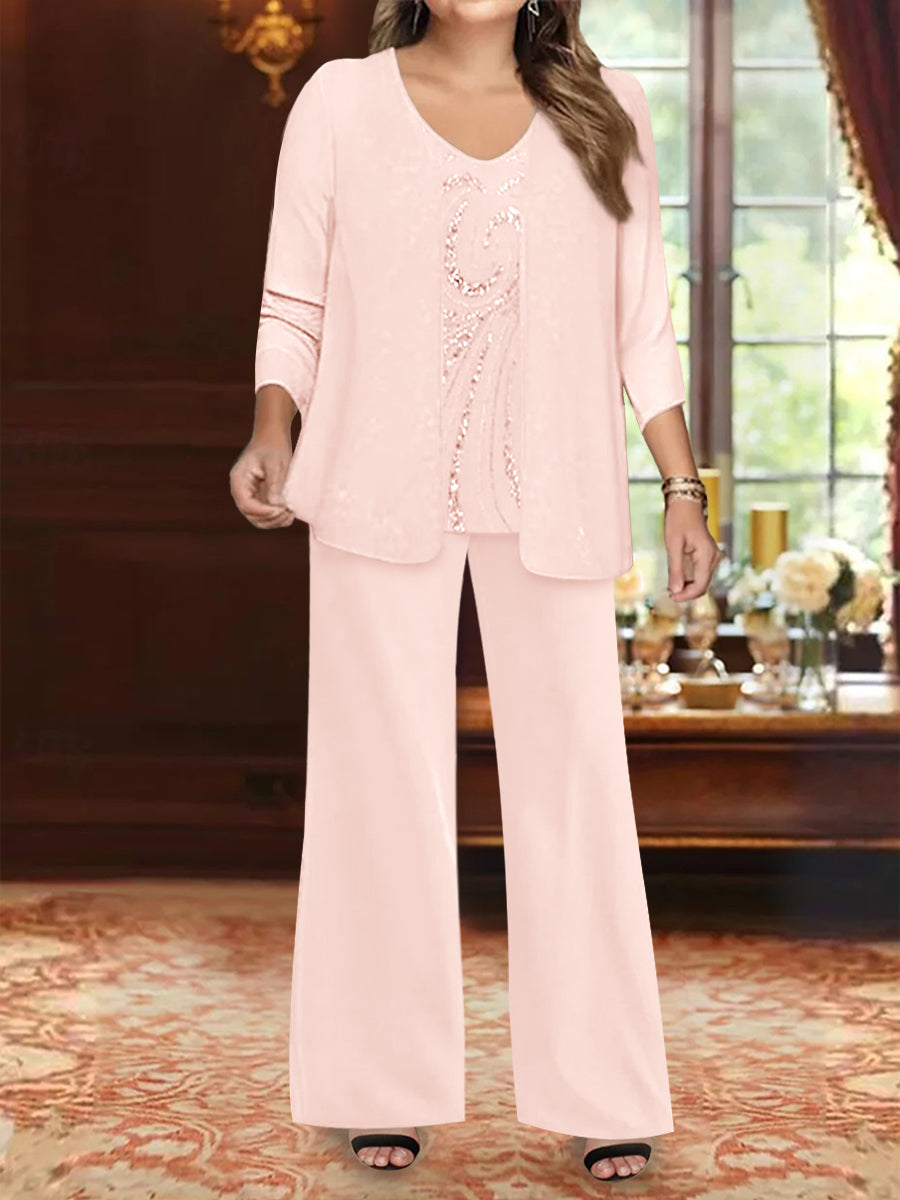 Plus Size 3 Piece Mother of the Bride Chiffon Pantsuit with V Neck Long Jacket & Sequins