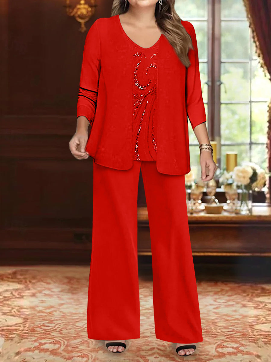 Plus Size 3 Piece Mother of the Bride Chiffon Pantsuit with V Neck Long Jacket & Sequins