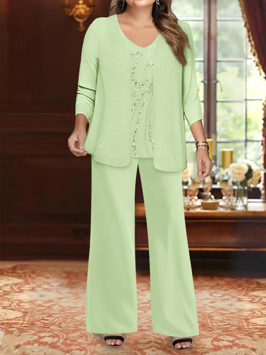 Plus Size 3 Piece Mother of the Bride Chiffon Pantsuit with V Neck Long Jacket & Sequins