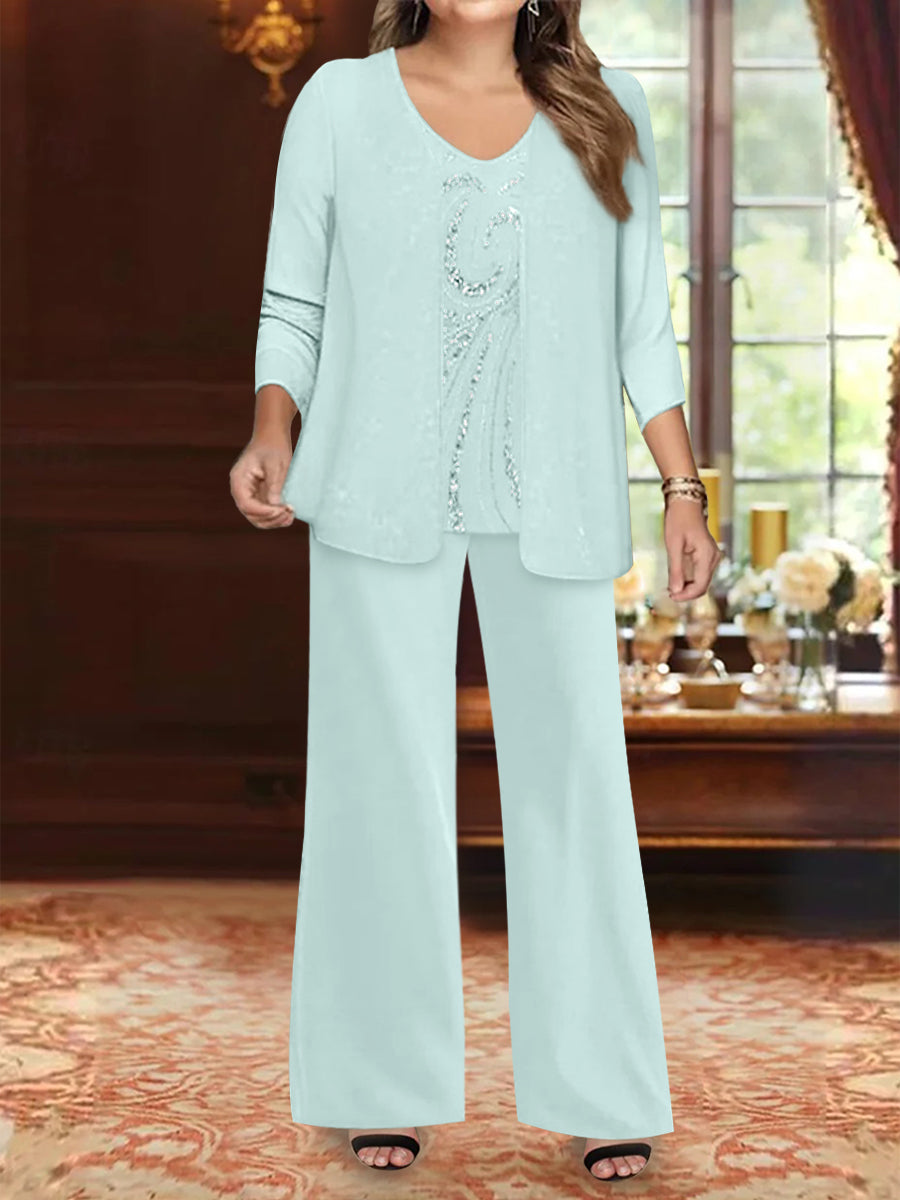 Plus Size 3 Piece Mother of the Bride Chiffon Pantsuit with V Neck Long Jacket & Sequins