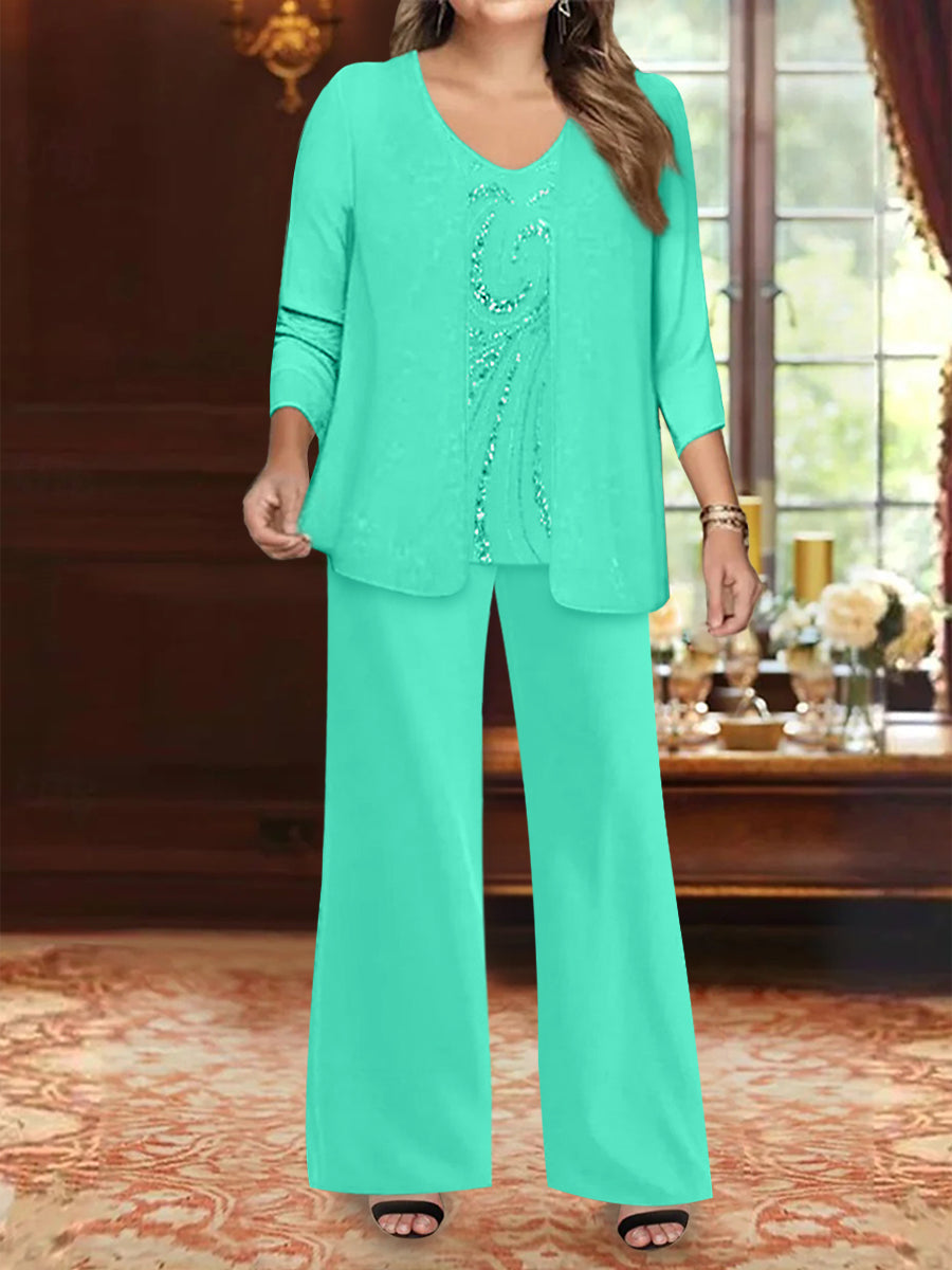 Plus Size 3 Piece Mother of the Bride Chiffon Pantsuit with V Neck Long Jacket & Sequins