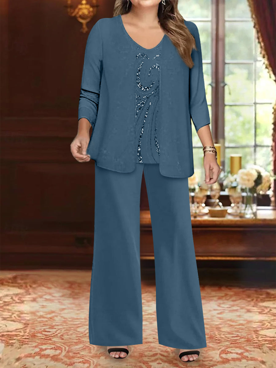 Plus Size 3 Piece Mother of the Bride Chiffon Pantsuit with V Neck Long Jacket & Sequins