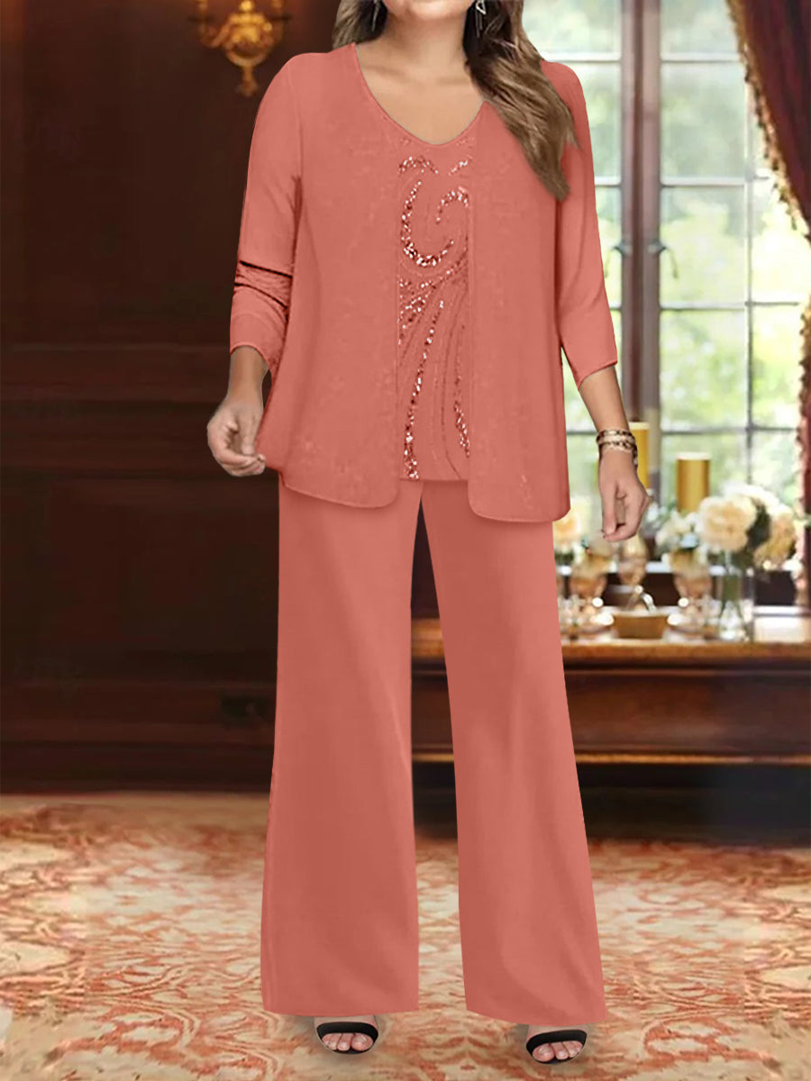 Plus Size 3 Piece Mother of the Bride Chiffon Pantsuit with V Neck Long Jacket & Sequins