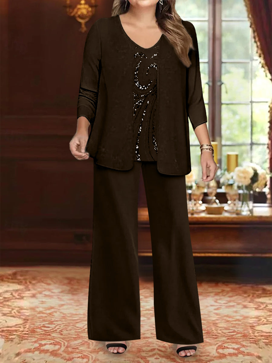 Plus Size 3 Piece Mother of the Bride Chiffon Pantsuit with V Neck Long Jacket & Sequins