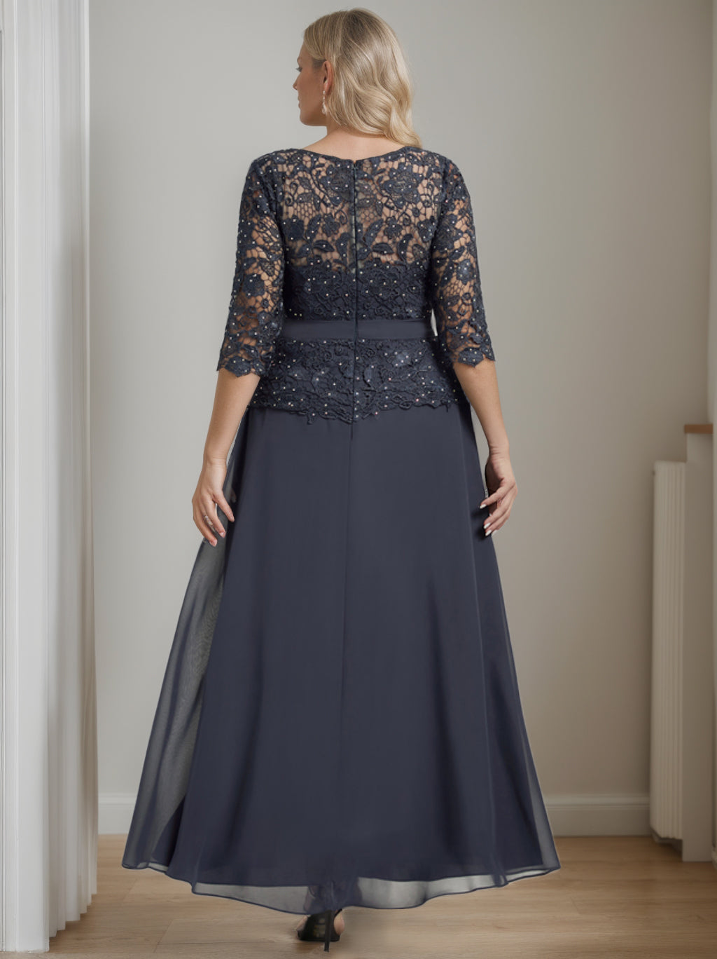 Plus Size A Line Scoop Neck Ankle Length Mother of the Bride Dress with Beading and Rhinestones