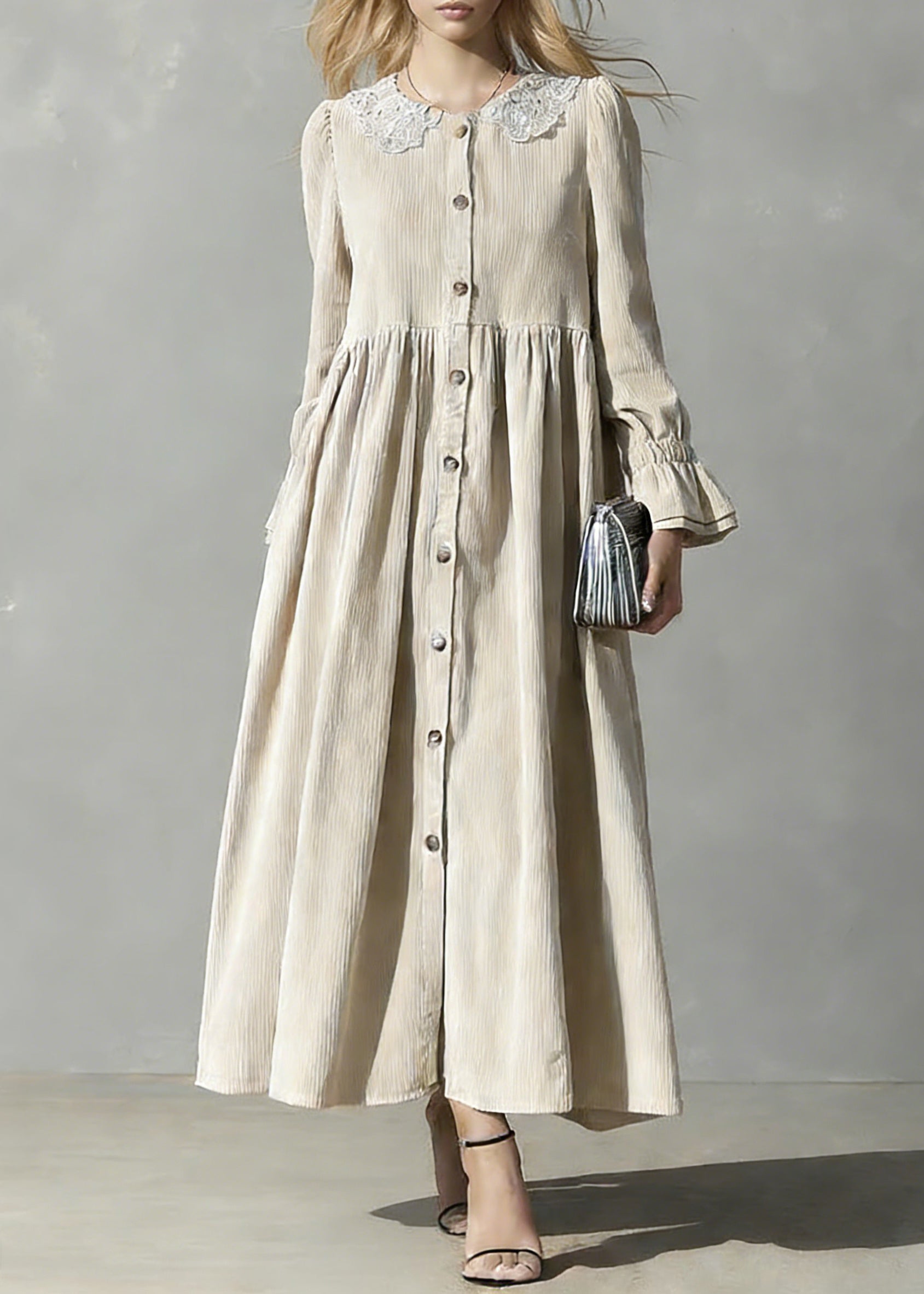 Plus Size Apricot Peter Pan Collar Button Corduroy Blouses Dresses Spring
