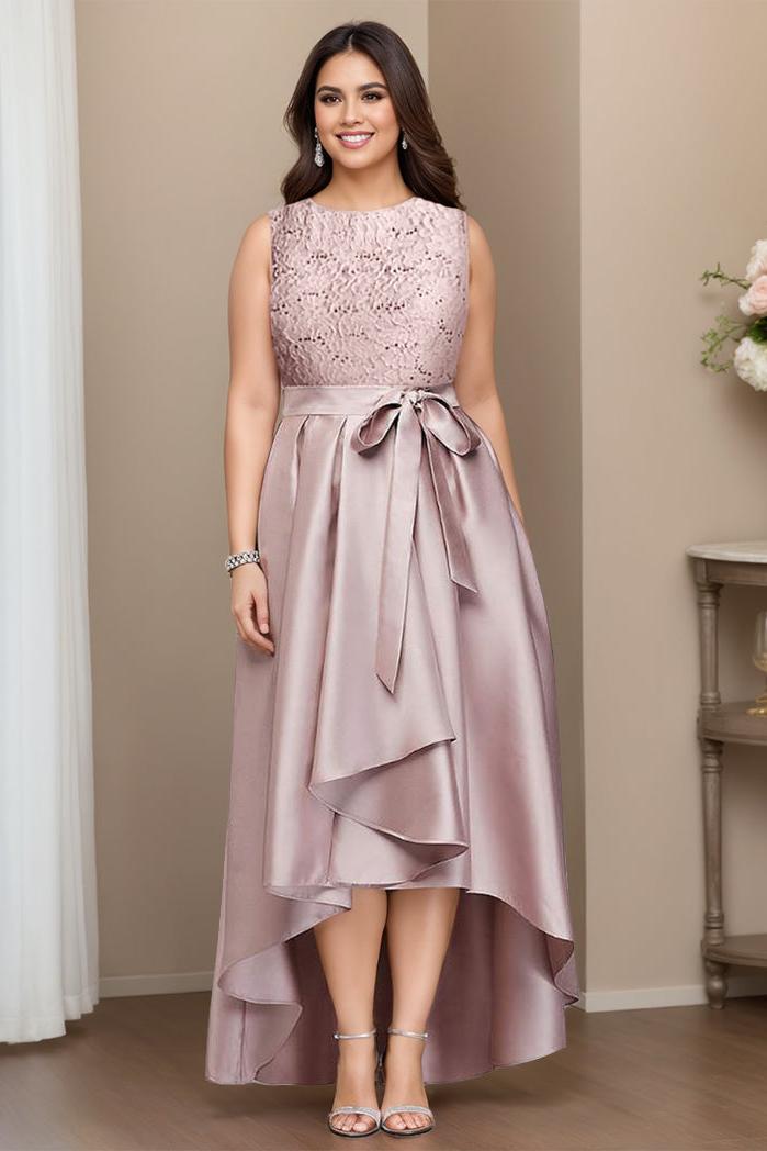 Plus Size Asymmetrical A Line Mother Of The Bride Dress With Jewel Neck And Pleats