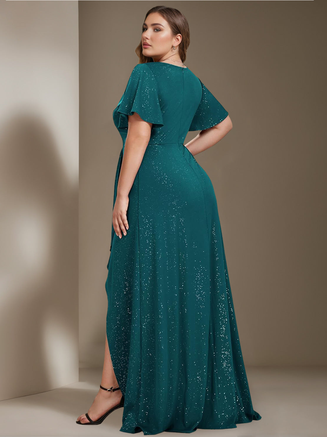 Plus Size Asymmetrical A Line Dress with Deep V Neck and Ruffled Short Sleeves