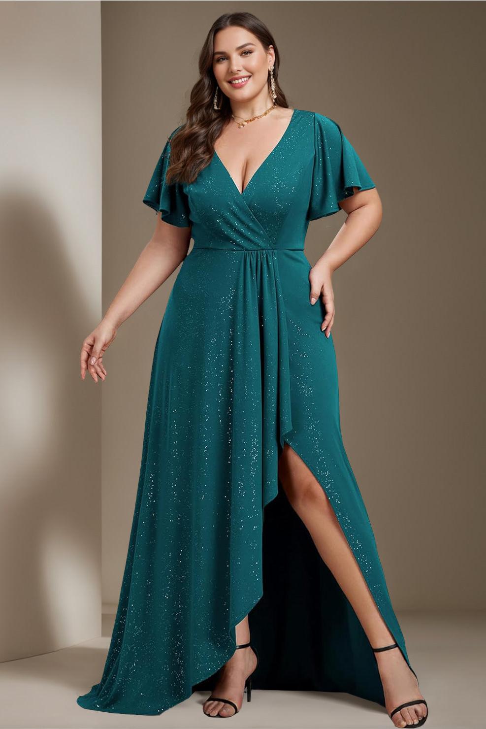 Plus Size Asymmetrical A Line Dress with Deep V Neck and Ruffled Short Sleeves