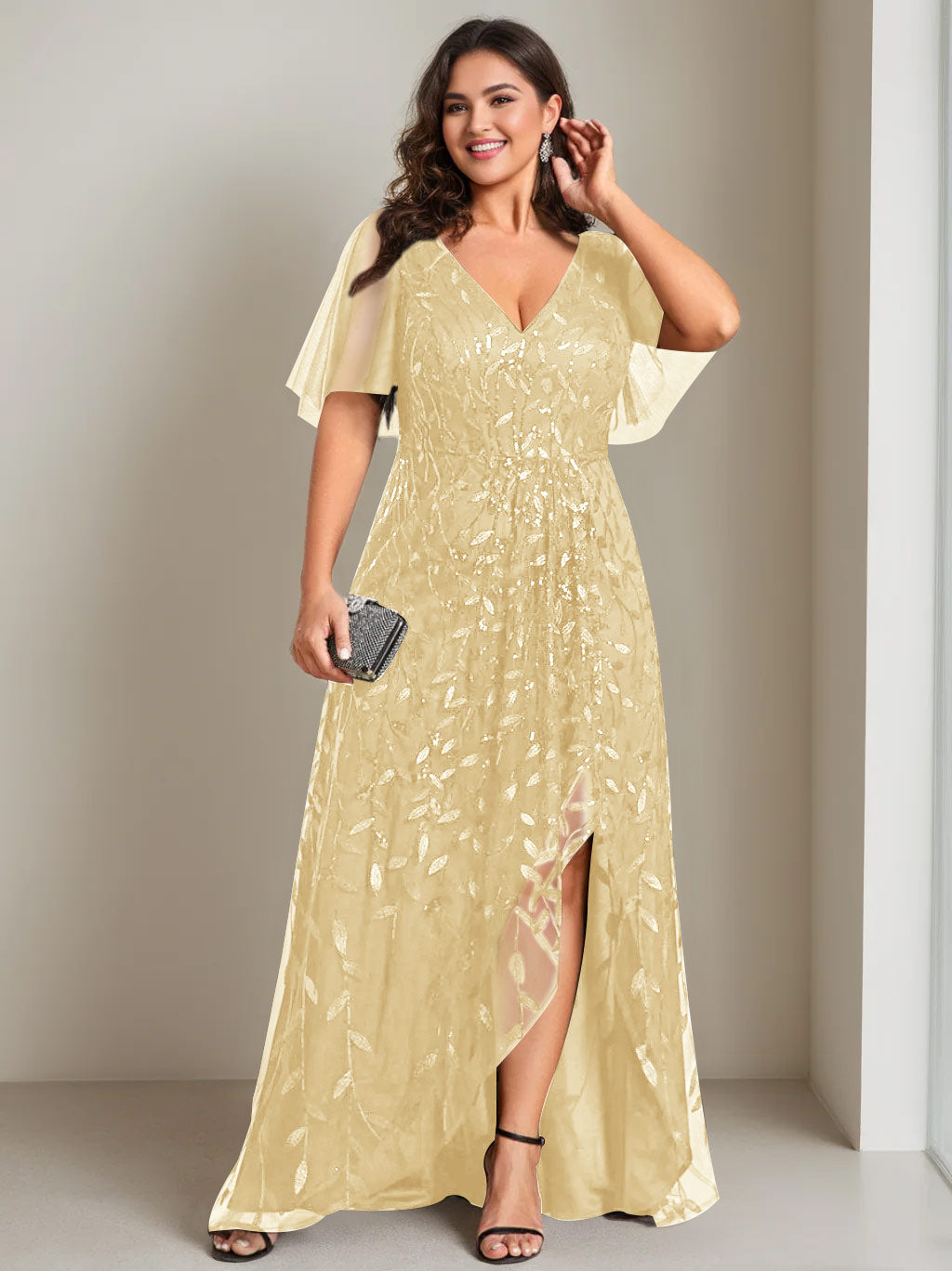 Plus Size Asymmetrical A Line V Neck Short Sleeve Mother of the Bride Dress with Sequins