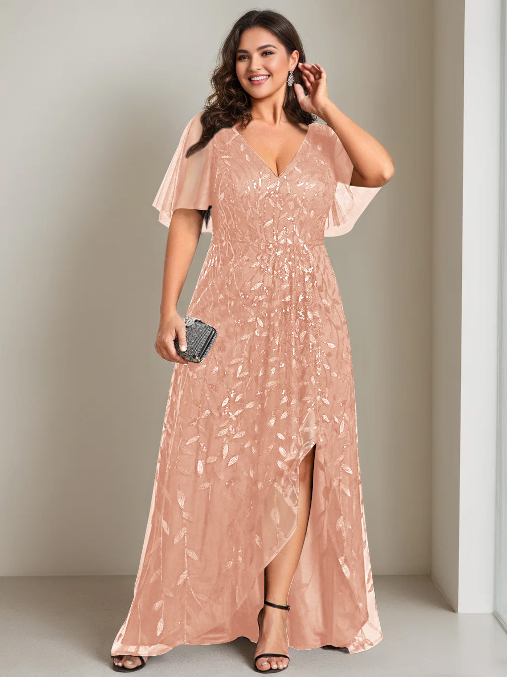 Plus Size Asymmetrical A Line V Neck Short Sleeve Mother of the Bride Dress with Sequins