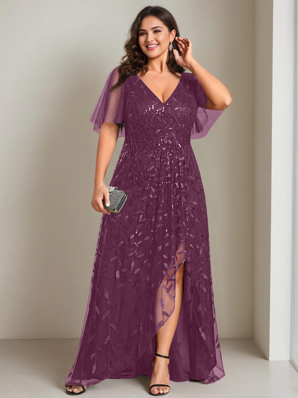 Plus Size Asymmetrical A Line V Neck Short Sleeve Mother of the Bride Dress with Sequins