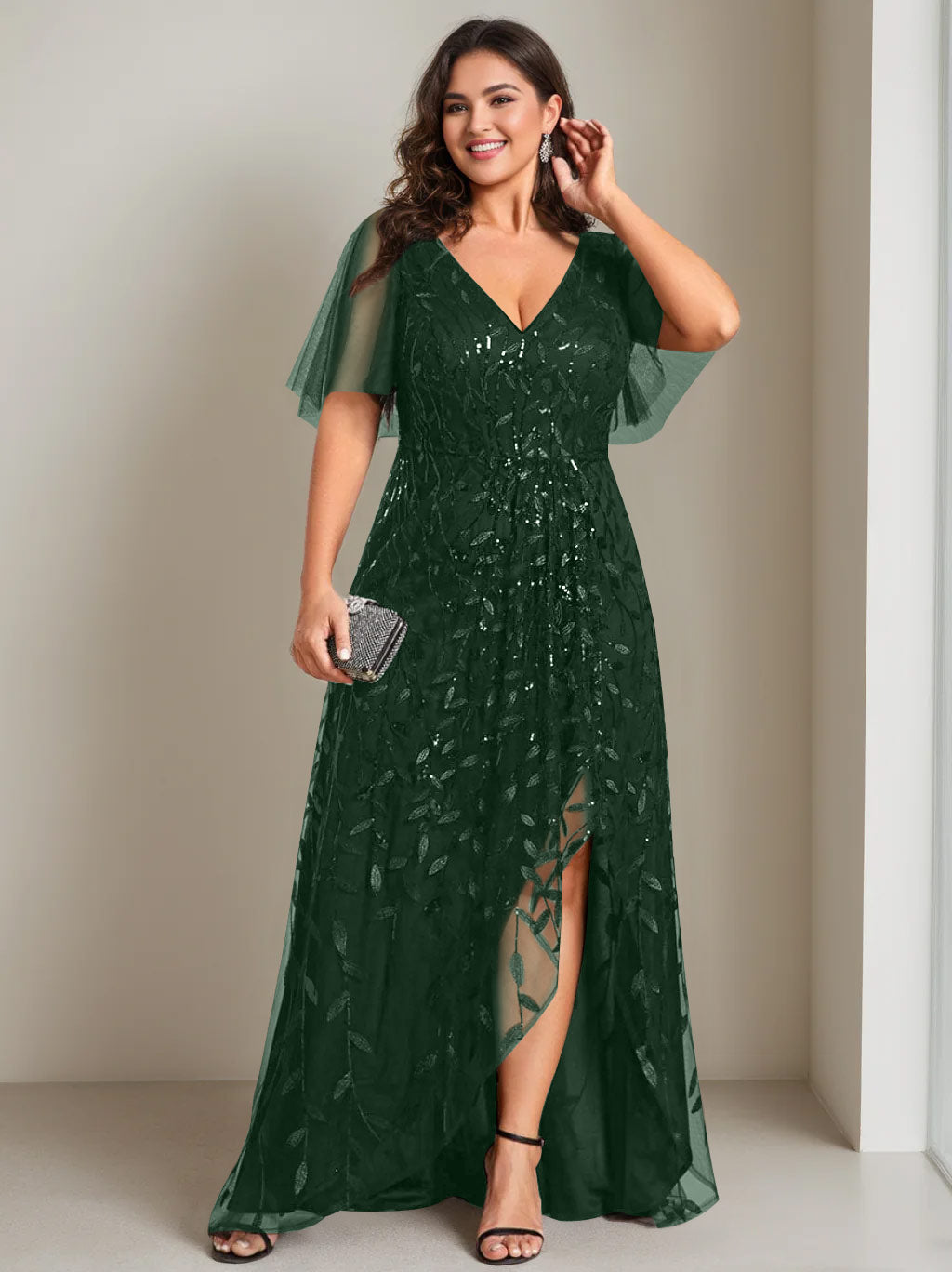 Plus Size Asymmetrical A Line V Neck Short Sleeve Mother of the Bride Dress with Sequins