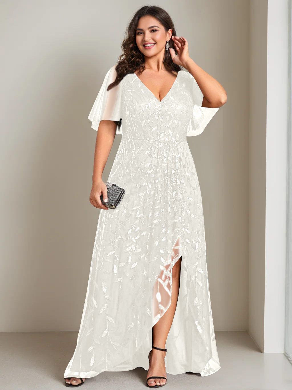 Plus Size Asymmetrical A Line V Neck Short Sleeve Mother of the Bride Dress with Sequins