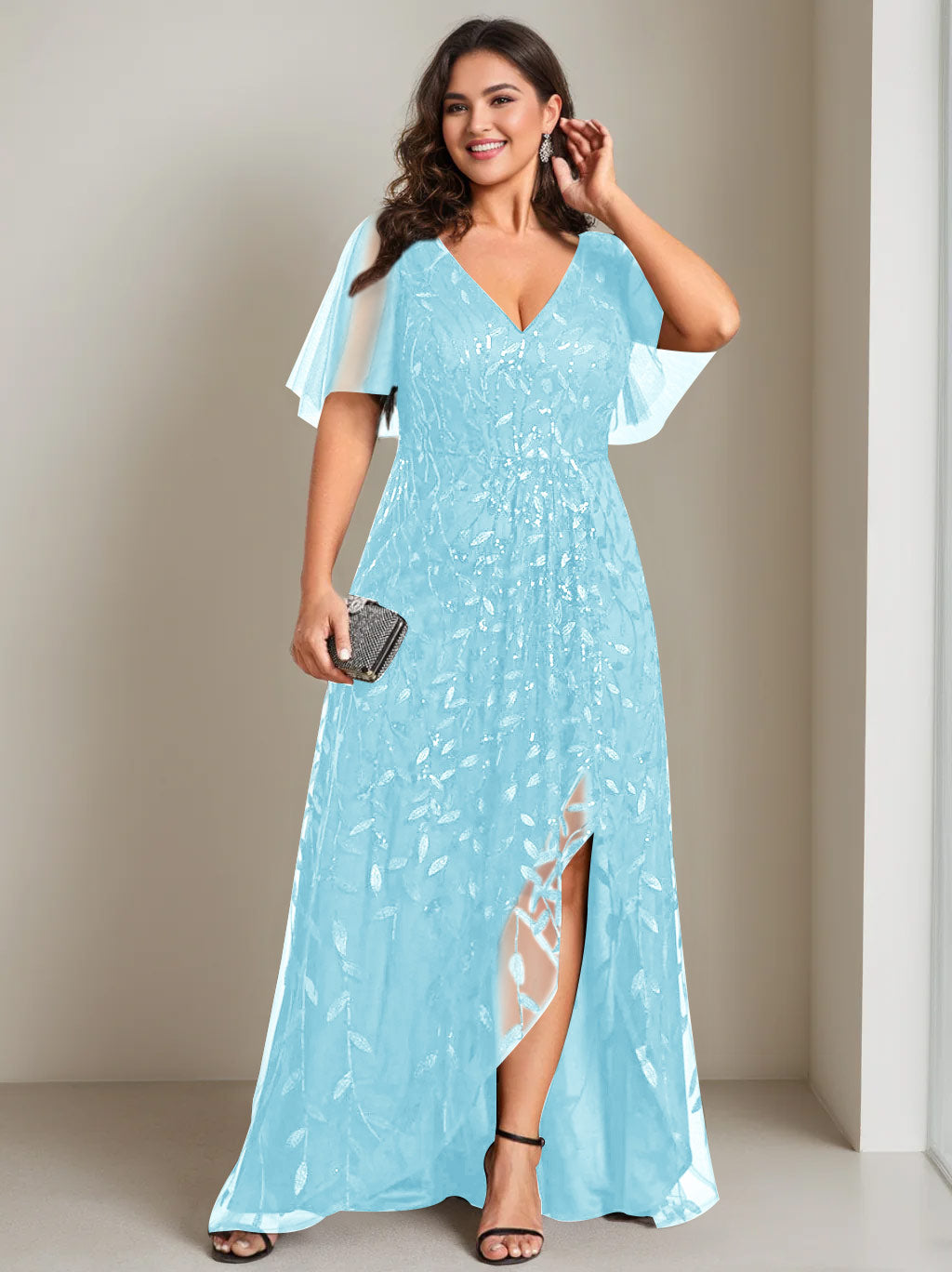 Plus Size Asymmetrical A Line V Neck Short Sleeve Mother of the Bride Dress with Sequins