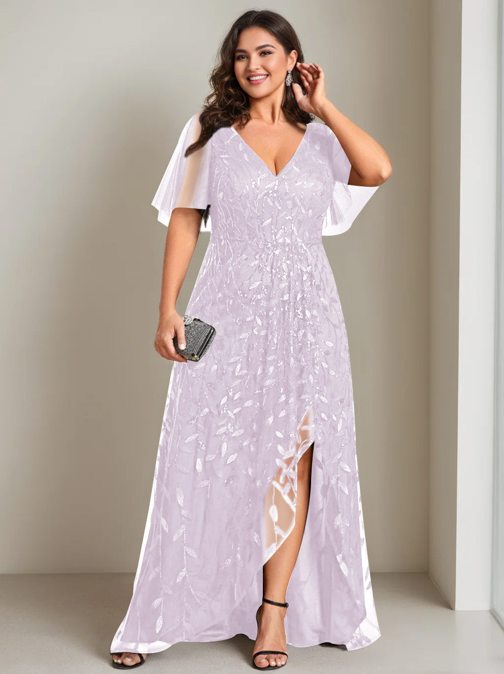 Plus Size Asymmetrical A Line V Neck Short Sleeve Mother of the Bride Dress with Sequins