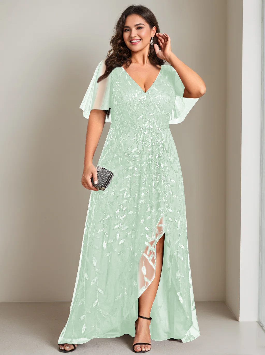 Plus Size Asymmetrical A Line V Neck Short Sleeve Mother of the Bride Dress with Sequins